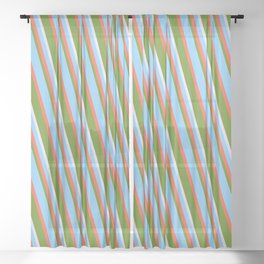 [ Thumbnail: Light Sky Blue, Red, Green & Lavender Colored Lined Pattern Sheer Curtain ]