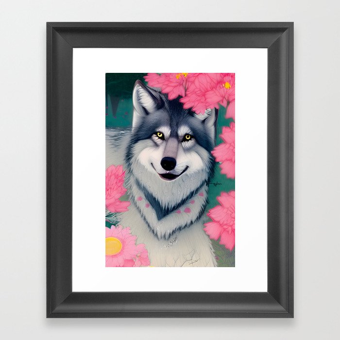 Wolf with Spring Flowers Framed Art Print