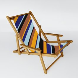 [ Thumbnail: Vibrant Orange, Midnight Blue, Light Blue, Black, and Sienna Colored Lines Pattern Sling Chair ]
