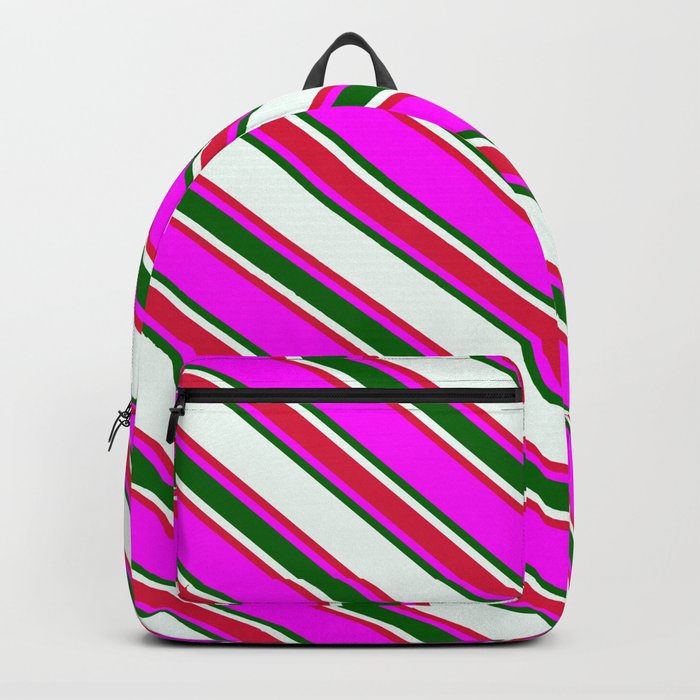 Mint Cream, Crimson, Fuchsia & Dark Green Colored Striped/Lined Pattern Backpack