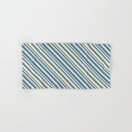 [ Thumbnail: Beige & Blue Colored Lined/Striped Pattern Hand & Bath Towel ]