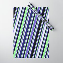 [ Thumbnail: Slate Blue, Lavender, Midnight Blue, Black & Green Colored Lines/Stripes Pattern Wrapping Paper ]