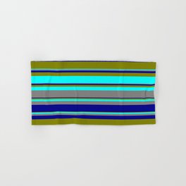 [ Thumbnail: Green, Cyan, Grey, and Dark Blue Colored Striped Pattern Hand & Bath Towel ]