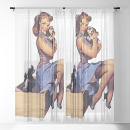 Brunette Pin Up Blue Skirt And Shoes Two Dogs Puppies Sheer Curtain