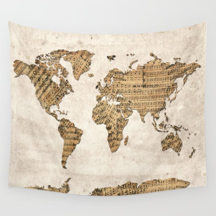world map music vintage Wall Tapestry