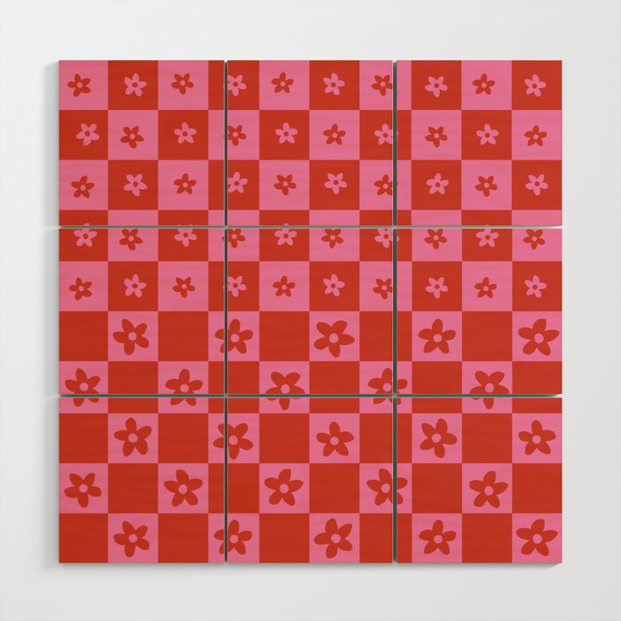 Abstract Floral Checker Pattern 15 in Pink Red Wood Wall Art