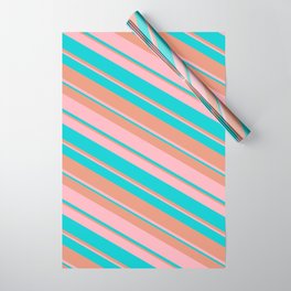 [ Thumbnail: Dark Salmon, Light Pink & Dark Turquoise Colored Stripes Pattern Wrapping Paper ]