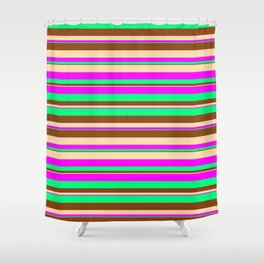 [ Thumbnail: Tan, Fuchsia, Green & Brown Colored Striped Pattern Shower Curtain ]
