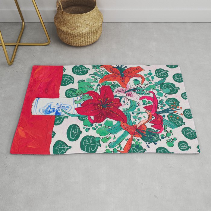 Tropical Lily Bouquet in Delft Vase with Matisse Leaf Cutout Background Rug