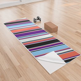 [ Thumbnail: Eyecatching Red, Indigo, Mint Cream, Black, and Light Sky Blue Colored Pattern of Stripes Yoga Towel ]