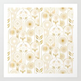 Art Deco Flower Cloches Faux Gold Metallic Pattern - White Art Print