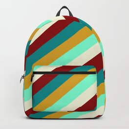 [ Thumbnail: Eye-catching Dark Cyan, Goldenrod, Aquamarine, Beige, and Dark Red Colored Lined Pattern Backpack ]