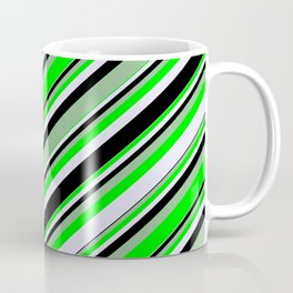 [ Thumbnail: Dark Sea Green, Lime, Lavender, and Black Colored Lines/Stripes Pattern Coffee Mug ]