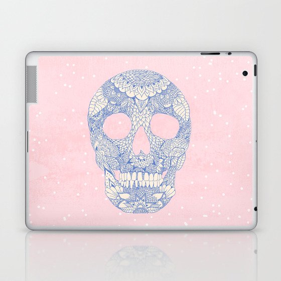 Modern blue ornate skull floral lace mandala illustration pink watercolor Laptop & iPad Skin