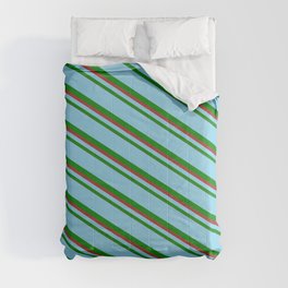 [ Thumbnail: Sky Blue, Green, and Brown Colored Lines/Stripes Pattern Comforter ]