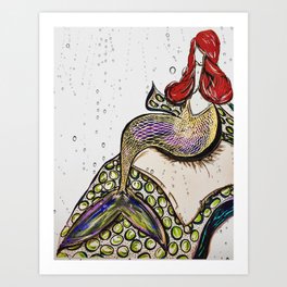 Rainy Day Mermaid on a Giant Squid - Fantasy Art Art Print
