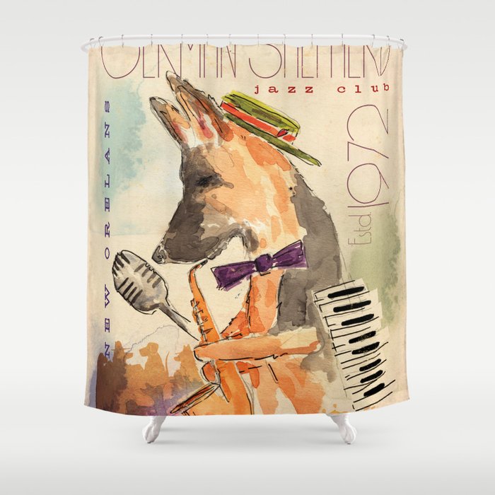 german shepherd dog gsd jazz music poster musician keyboard saxophone art artwork Shower Curtain