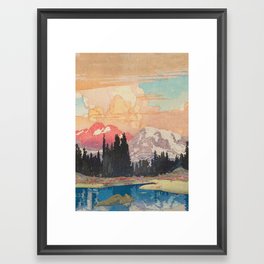 Storms over Keiisino - Winter Mountain & Forest Ukiyoe Nature Landscape in Pink, Blue, and Green Framed Art Print