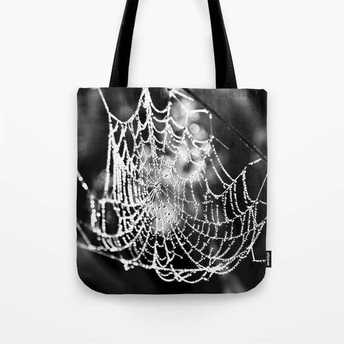Spider's web with morning dew nature portrait black and white photograph - photography - photographs Tote Bag