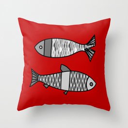 Retro Modern Fish, Deep Red and Gray / Grey Throw Pillow