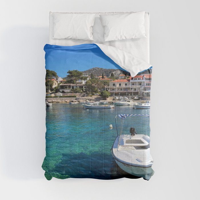 Boats in the port of Hvar, Croatia Comforter