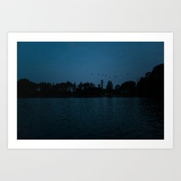 Forest skyline of Utopia island in the Netherlands at blue hour with flying Goos birds -  wall art print Art Print