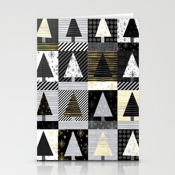 Christmas tree forest quilt pattern cute black white gold holiday gifts Stationery Cards