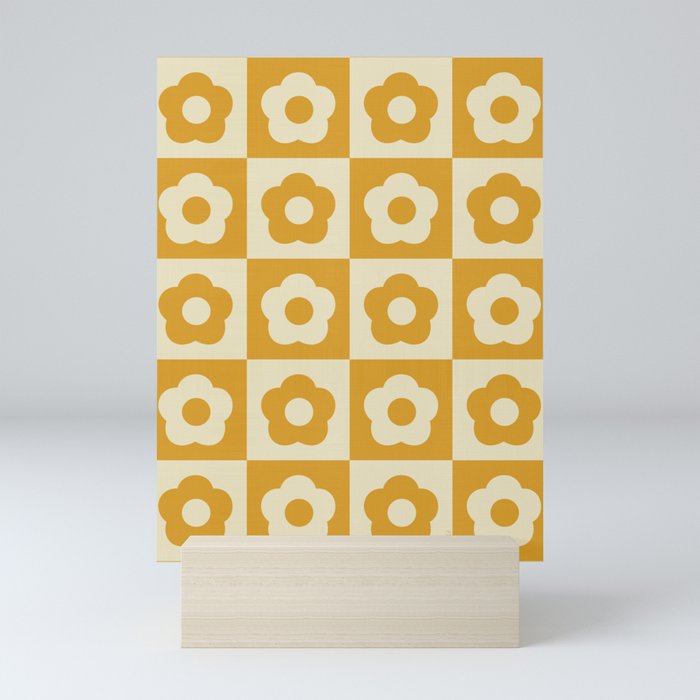 60s Checkered Daisies, Golden Ochre Mini Art Print