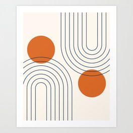Mid Century Modern Geometric 88 in Navy Blue and Orange (Rainbow and Sun Abstraction) Art Print