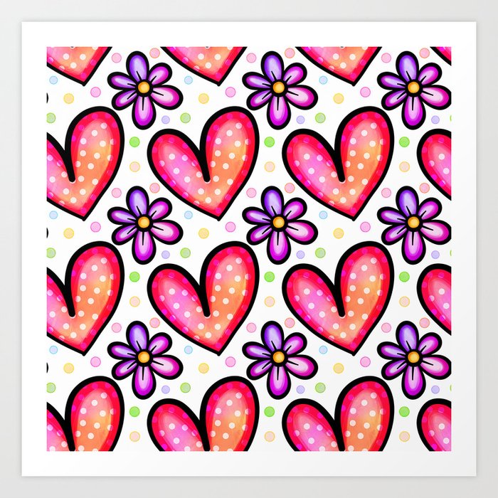 Doodle Heart & Flower Pattern 12 Art Print