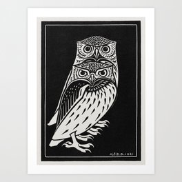 Vintage Two Owls Black And White Illustration Art Print