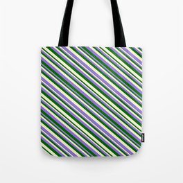 [ Thumbnail: Purple, Dark Green, and Light Yellow Colored Stripes Pattern Tote Bag ]