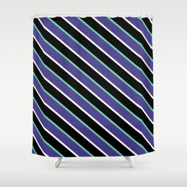 [ Thumbnail: Aquamarine, Dark Slate Blue, White, and Black Colored Striped/Lined Pattern Shower Curtain ]