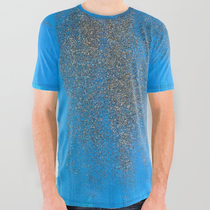 Serene Blue Brushstrokes with Glitter Abstract All Over Graphic Tee