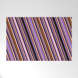 [ Thumbnail: Pink, Brown, Purple & Black Colored Lined Pattern Welcome Mat ]