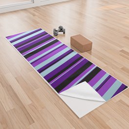 [ Thumbnail: Indigo, Light Blue, Dark Orchid & Black Colored Striped Pattern Yoga Towel ]