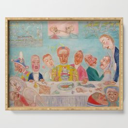Banquet of the Starved, comical repast the last supper with skeleton portraits grotesque art portrait painting by James Ensor Serving Tray