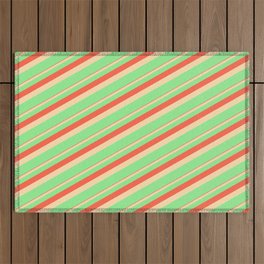 [ Thumbnail: Red, Tan & Light Green Colored Lines Pattern Outdoor Rug ]