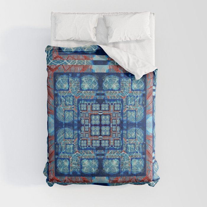 Elegant Abstract Geometric Quilt Print Blue and red Comforter