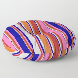 [ Thumbnail: Eyecatching Chocolate, Red, Hot Pink, Dark Blue & Light Gray Colored Lines/Stripes Pattern Floor Pillow ]