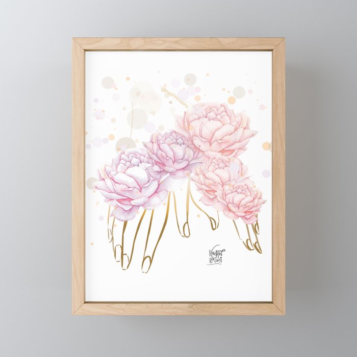 golden hands with pink peonies Framed Mini Art Print