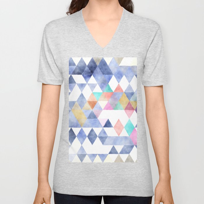 Abstract Blue Lilac Pink White Watercolor Argyle Triangles V Neck T Shirt