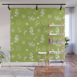Light Green And White Silhouettes Of Vintage Nautical Pattern Wall Mural