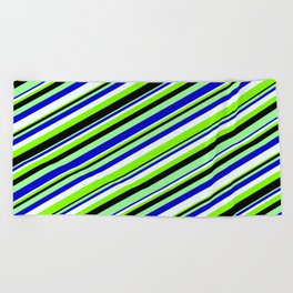 [ Thumbnail: Eyecatching Green, Blue, Mint Cream, Chartreuse, and Black Colored Lined/Striped Pattern Beach Towel ]