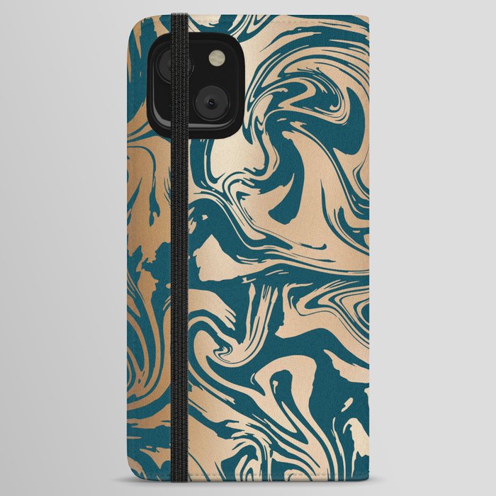 Teal and Copper Gold Marbled iPhone Wallet Case