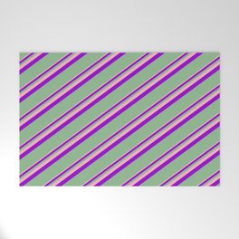 [ Thumbnail: Light Pink, Dark Violet & Dark Sea Green Colored Lined Pattern Welcome Mat ]