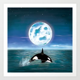 Orca swimming by the moonlight  Art Print