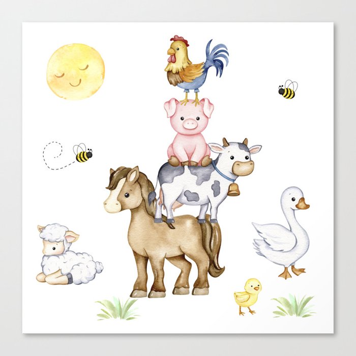 Watercolor Farm Animals Stacked Canvas Print