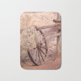 Old Western Wheel Bath Mat | Rail, Fence, Wood, Western, Outdoors, Nature, Natural, Wheel, West, Brown 