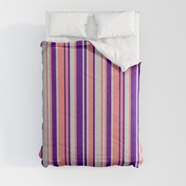 [ Thumbnail: Light Coral, Light Gray & Indigo Colored Lines Pattern Comforter ]
